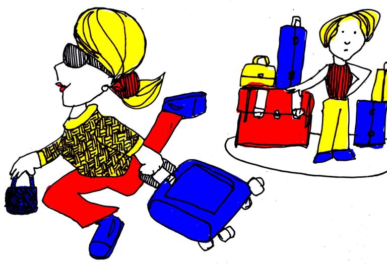 Woman with yellow hair rushing through airport with red and blue luggage — packing tips for international travel