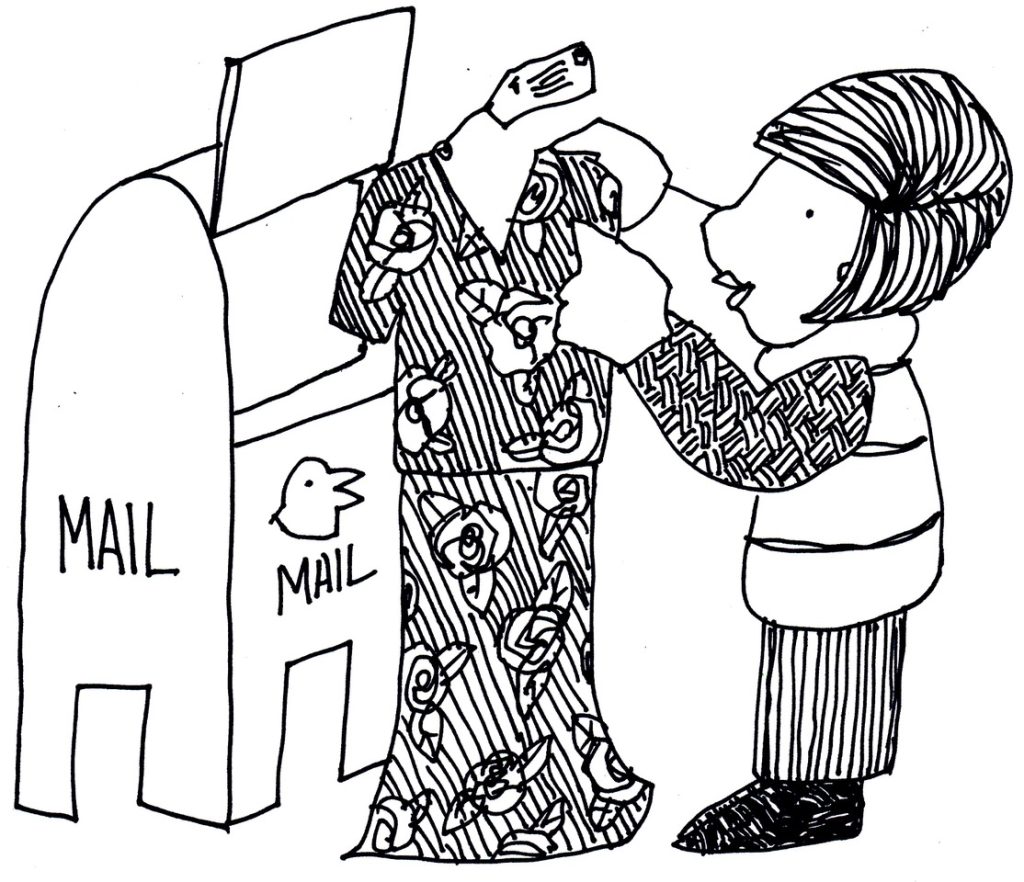Illustrated woman mailing clothing ahead to her destination — smart packing tips for international travel
