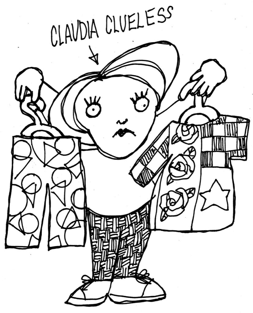 Claudia Clueless cartoon character holding mismatched bags — what not to do when packing for international travel